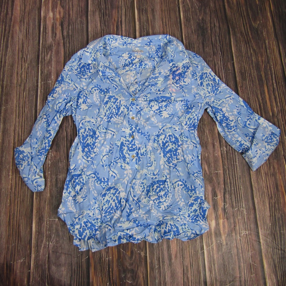 Lilly Pulitzer Tunic Shirt Womens Large Blue Peri Captiva Turtley Awesome‎ Print
